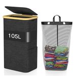 GLOWPOINT 105L Laundry Basket with Lid, Large Foldable Washing Basket with Removable Inner Bag, Water-resistant Oxford Laundry Hamper, Laundry Bin for Bedroom, Bathroom, Laundry Room,Black