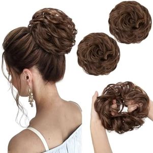SARLA 2PCS Messy Hair Bun Hair Pieces Wavy Curly Synthetic Updo Fake Scrunchies Ponytail Extension for Women Chocolate Multi