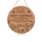 Funny Baby Sleeping Hanging Sign Plague, Do Not Knock Or Ring The Bell, Round Wooden Door Hanger for Baby Room, Nursery, Kindergarten, Bedroom, Door Knob Decor (12x12inch)