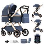 Shineey 3 in 1 Baby Stroller with Height Adjustable Handle,3 in 1 Prams Travel System, Lightweight Foldable Pushchair, Prams with Aluminum Frame for Portable Baby Carriage (U9-X//Blue, U9-X)