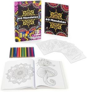 Kit Mandalas Colorear Adultos | Libro con 60 Mandalas + 24 Lápices de Colores + 6 Plantillas de Mandalas
