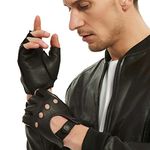 Fingerless Leather Gloves Men - NOVBJECT Driving Gloves Deerskin Unlined Half Finger Motorcycle Outdoor (Black, L)