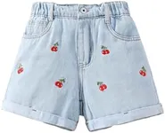 Floerns Girl's Cherry Embroidery Jeans Elastic Waist Roll Up Denim Shorts Light Blue 10Y