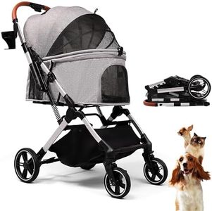 Pet Stroller for Small Medium Dogs Cats Up to 45 lbs, Travel Lite Collapsible, All Terrain 4 Wheels for Jogging, Running, Grey