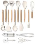 Silicone Cooking Utensils Set, Kitchen Utensil Set 446°F Heat Resistant Kitchen Utensils Non-Stick Kitchen Spatula Set with Wooden Handle, Turners, Spatulas, Spoon, Whisk, Tongs, Dishwasher Safe