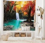 Ambesonne Waterfall Tapestry, Deep Forest and Waterfall Autumn Fall Seasonal Forest Print, Wide Wall Hanging for Bedroom Living Room Dorm, 60" X 40", Turquoise Orange