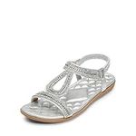 DREAM PAIRS Womens Flat Sandals Open Toe Diamante Bohemian Summer Beach Holiday Ladies Sandals SDFS2334W-E,Silver Size 39 (EUR) / 6 UK