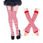 Benefeet Sox Womens Striped Knee High Socks Fingerless Gloves Set Thigh Highs Arm Warmers Halloween Costume Accossaries, Red White, Medium