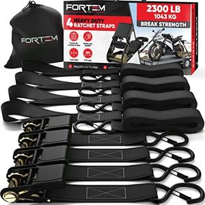 FORTEM Ratchet Tie Down Straps, 4X 4.6m Securing Straps, 4X Soft Loops 1043kg Break Strength, Rubber Coated Metal Handles, Plastic Coated Metal Hooks, Carrying Case (Black)