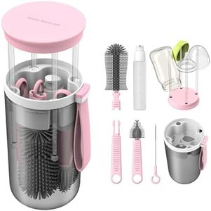 TechoEcho Travel Baby Bottle Brush Set with Extendable Liquid Silicone Bottle Brush，Nipple Brush，Built-in Bottle Drying Rack，Straw Cleaner Brush，Baby Bottle Soap Dispenser，Bottle Warmer (Pink)