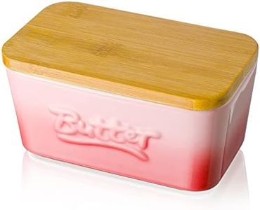 Porcelain Butter Dish with Wooden Lid, Candiicap Airtight Butter Keeper for Countertop & Home Kitchen Decor, Large Butter Holder for All Types of Butter(Sakura Pink)