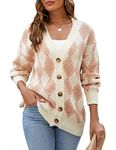 ZAFUL Women's Cardigan Sweaters Argyle Plaid Long Sleeve Button Down Preppy Oversized Chunky Knit Outerwear, Crystal Cream, L