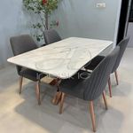 Four Seater Stainless Steel Pvd Rose Gold Dining Chair Table Set Faux Italain Marble Top, 160 CM, 90 CM