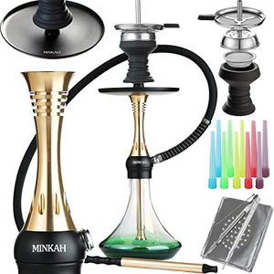 Hookah Set with Silicone Hose Bowl Tongs Mouth Tips Everything Accessories, 19" Small Portable Shisha Hookahs Complete Set Aluminum Hooka Chameleon Glass Vase Gold Green