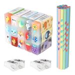 DYMHQ 32Pcs Pencils Rubbers Sharpeners Set, 15 Pre-Sharpened Triangular Pencils, 15 PVC Jelly Sandwich Eraser, Multicolor Wood HB Pencil Non-Slip, Eraser Pencil Set with 2 Sharpeners for Kids Writing