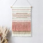 Dremisland Macrame Woven Wall Hanging Home Decor Bohemian Beige Geometric Wave Art Decor with Wool Ball and Tassle-Elegant Apartment Bedroom Dorm Room Door Decoration, 16.5" W x 22" L (Pink Line)