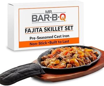 Mr. Bar-B-Q Cast Iron Fajita Skillets Set, Pre-Seasoned Non-Stick Sizzling Plate, Wooden Base w/Cloth Handle, Sizzler Steak Plate, Cast Iron Skillets for Camping, Indoor & Outdoor Food Cooking