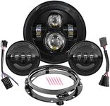 7 Inch Round LED Headlight Bulb kit With 4.5 Inch Passing Lamps Fog Lights Mounting Ring For Street Glide Ultra Classic Road King Electra Glide Heritage Softail Slim Deluxe Fatboy Tri CVO (Black)
