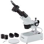 AmScope SE306R-PZ-3M Digital Forward-Mounted Binocular Stereo Microscope, WF10x and WF20x Eyepieces, 20X/40X/80X Magnification, 2X and 4X Objectives, Upper and Lower Halogen Lighting, Reversible Black/White Stage Plate, Pillar Stand, 120V, Includes 3MP Camera with Reduction Lens and Software