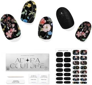 Adora Couture Semi Cured Gel Nail Strips with 30 Pieces, Salon Quality Nail Wraps for Women, Glitter Velvet Colorful Flowers Black Glitter UV Gel Nail Stickers, UV Light Required, Night Garden