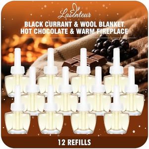 Plug in Air Freshener Refills 12 Pack – Black Currant, Wool Blanket, Hot Chocolate & Warm Fireplace Scents – Adjustable Fragrance for Rooms & Bathrooms – Compatible with Air Wick & Glade