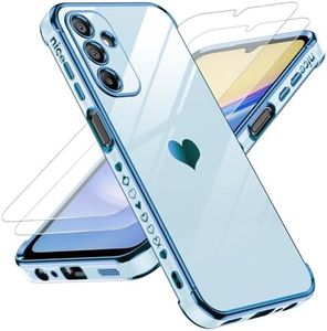 LeYi for Samsung Galaxy A15 5G Case: with Tempered Glass Screen Protector [2 Pcs]+ Full Camera Lens Protection, Love Heart Plating Women Cute Luxury Soft TPU Shockproof Case for A 15 5G, Sierra Blue