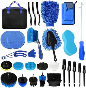 HOVIBU Kit Limpieza Coche, 30 Piezas Juego de Limpieza de Coche para Interior y Exterior, Set de Lavado de Coches con Cepillos, Esponjas de Pulido, Paños de Microfibra, Práctica Bolsa