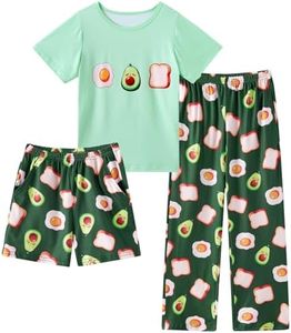 uideazone Girls Pajamas Set Size 11-12 Avocado Print 3 Piece PJ Set Short Sleeve Top Pants Shorts Cute Sleepwear