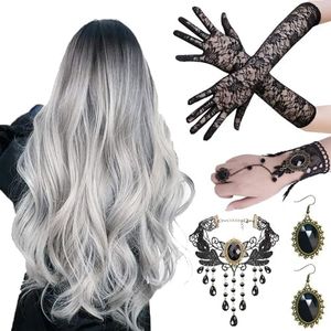 Peluca de Halloween para Mujer,Plata Gris Largo Rizo Peluca de Degradado,Peluca Gris Peluca Rizada,Ondulado de Aspecto Natural,para Halloween,Carnaval,Cosplay