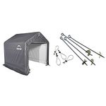 ShelterLogic 6' x 6' Shed-in-a-Box All Season Steel Metal Peak Roof Outdoor Storage Shed with Waterproof Cover + ShelterAuger 4-Piece 30-Inch Reusable Heavy Duty Steel Earth Auger Anchor Kit