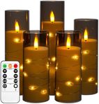 Da by Candle Lights with String Lights, Battery OPowered Candle with Remote Control and 24-Hour Timer, Flickering Flameless Candle for Christmas Decoration, Home Decoration(Grey, Set of 5)