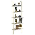 aboxoo Ladder Shelf White Marble Open Bookshelf 5-Tier Wall-Mounted Wood Rack Industrial Modern Plant Flower Stand Utility Organizer Bookcase Metal Frame Furniture Office Kitchen Bedroom