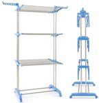 CASART 4-Tier Clothes Drying Rack, Foldable Laundry Rack on Wheels with 3 Tier Collapsible Wings, 1 Shoe Rack & 2 Hanger Holders, Freestanding Clothes Airer Garment Drying Rack (Blue + Sliver)