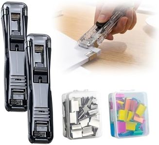Portable Binder Clip Stapler, 2026 New Reusable Portable Paper Clam Clip Dispenser, 100 Metal Refill Clips (50 Silver + 50 Color) for Home, School, Desk Office (Black-2PCS)