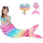 WERNNSAI Mermaid Tail Blanket - Wearable Mermaid Soft Blanket with Sequin Hairpin Bracelet for Girls Teens Rainbow Soft Flannel Snuggle Blanket 140 x 60cm Gift for Birthday Christmas