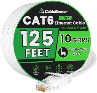 Cat 6 Ethernet Cable 125 ft, Indoor&Outdoor, High Speed 10Gbps Internet Network, Pure Copper Flat Ethernet Patch Cable Long, Computer LAN Cable with Clips & Straps for Router, Modem, PS4/5, White