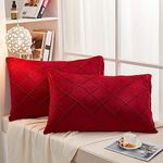 AMICA Luxurious Diamond Pinch Pleated Crystal Velvet Pillowcases 2 Pack Solid Pintuck Throw Cushion Cover for Home Decor Hidden Zipper Closure (20 X 26 Inch, Red)