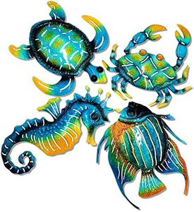 Set of 4 Metal Outdoor Wall Art Decor, Blue Turtle Fish Crab and Seahorse Suitable for Beach Ocean Pool Decor, Metal Yard Fence Garden Children Room Bathroom Livingroom Wall Decoration