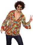 Men's 70s Hippies Costume Disco Outfit Bell Sleeves 5-Piece Set with Wig Beard Glasses Necklace XL