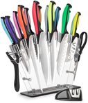 nuovva Professional Kitchen Knife Set with Block - Colourful 17 Piece Knives Set with Steak Knives - Clear Acrylic Block High Carbon Stainless Steel Blades - with Knife Sharpener Peeler and Scissors