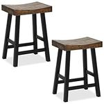 COSTWAY Bar Stools Set of 2, Solid Wood Saddle Seat Stools with Humanized Footrests, Retro Counter Height Breakfast Kitchen Stool for Home Pub Dining Room, 150kg Weight Capacity (44 x 33 x 62 cm)