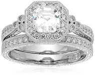 Platinum-Plated Sterling Silver Antique Ring set with Asscher-Cut Swarovski Zirconia, Size 6