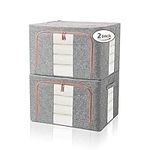 FUSACONY Closet Organizers and Storage, Foldable Oxford Cloth Steel Frame Box,2 Pack,Clear Window & Carry Handles, Waterproof, can Hold Large-capacity Clothes, Bedding, Blankets, Grey (100L)