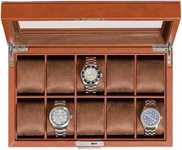 ROTHWELL 10 Slot Leather Watch Box - Luxury Watch Case Display Jewelry Organizer - Locking Watch Display Case Holder with Large Glass Top - Watch Box Organizer for Men and Women (Tan/Brown)