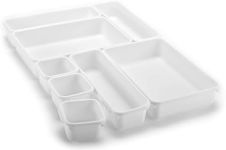 Interlocking Drawer Organizer Bins - Durable Plastic, Various Sizes for Custom Layout Design. Great for Desk Drawer, Tool Box or Garage Organization. (White | 8-Piece Set)