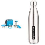 Signoraware Best Steel Lunch Box, Blue (500ml+350ml+200ml) | with Steel Tumbler 370ml & Aace Single Walled Stainless Steel Fridge Water Bottle, 1 Litre, Cola Silver Combo