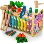 6 in 1 Wooden Montessori Toys for 1 Year Old Whack a Mole Game Hammering Pounding Toy with Xylophone Carrot Harvest Game Learning Developmental Toys Toddler Activities Gift Ages 1 2 3 4