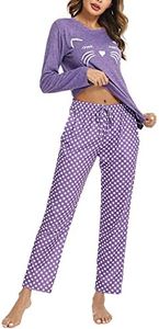 Uniexcosm Pigiama per Donna Pigiama Donna Cotone Lungo Leggero Gatto Girocollo Maniche Lunghe Pigiama Due Pezzi Donna a Tasche Laterali Gatto-Viola S
