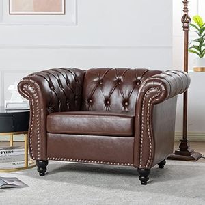 Vaztrlus Chesterfield Accent Chairs Couches for Living Room, Roll Arm Leather Single Couch Deep Button Silvery Nailhead Trim Tufted Upholstered Wingback Fort Love Seats Furniture(Brown PU)