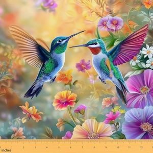 Hummingbird Upholstery Fabric for Chairs - Watercolor Flowers Fabric by The Yard 362"x63",Farmhouse Tropical Birds Spring Floral Rustic Aesthetic Animal Outdoor Fabric